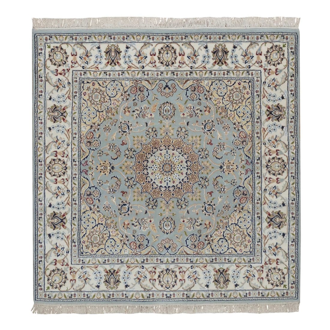 Rug 5'x5' Light Blue Nain 250 KPSI Wool & Silk Hand Knotted Square: Rug 5'x5' Light Blue Nain 250 KPSI Wool & Silk Hand Knotted Square This listing features Rug 5'x5' Light Blue Nain 250 KPSI Wool & Silk Hand Knotted Square. Item specifics are provided below. Item Spe