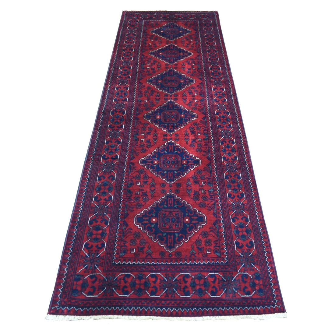 Rug 3'x9'6" Deep Red Shiny Wool Hand Knotted Afghan Khamyab Runner: Rug 3'x9'6" Deep Red Shiny Wool Hand Knotted Afghan Khamyab Runner This listing features Rug 3'x9'6" Deep Red Shiny Wool Hand Knotted Afghan Khamyab Runner. Item specifics are provided below. Item