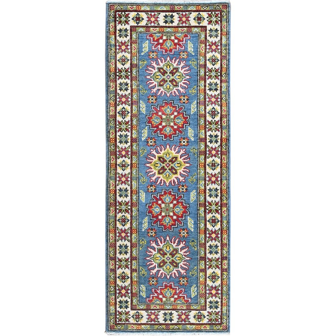 Rug 2'3"x6' Blue Kazak with Tribal Design Hand Knotted Soft Wool Runner: Rug 2'3"x6' Blue Kazak with Tribal Design Hand Knotted Soft Wool Runner This listing features Rug 2'3"x6' Blue Kazak with Tribal Design Hand Knotted Soft Wool Runner. Item specifics are provided below