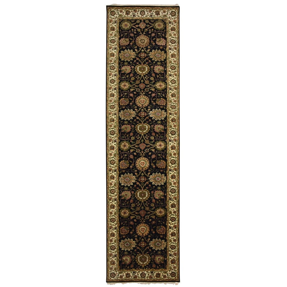 Rug 4'x15'9" Black Rajasthan Leaf Design Hand Knotted Wool & Silk Runner (1 of 7)