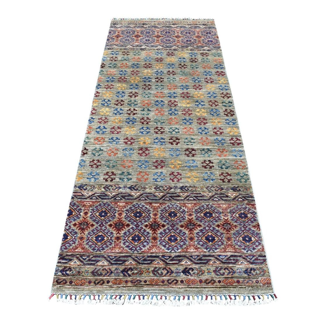 Rug 2'10"x7'7" Hand Knotted Gray Super Kazak Khorjin Design Pure Wool: Rug 2'10"x7'7" Hand Knotted Gray Super Kazak Khorjin Design Pure Wool This listing features Rug 2'10"x7'7" Hand Knotted Gray Super Kazak Khorjin Design Pure Wool. Item specifics are provided below. It