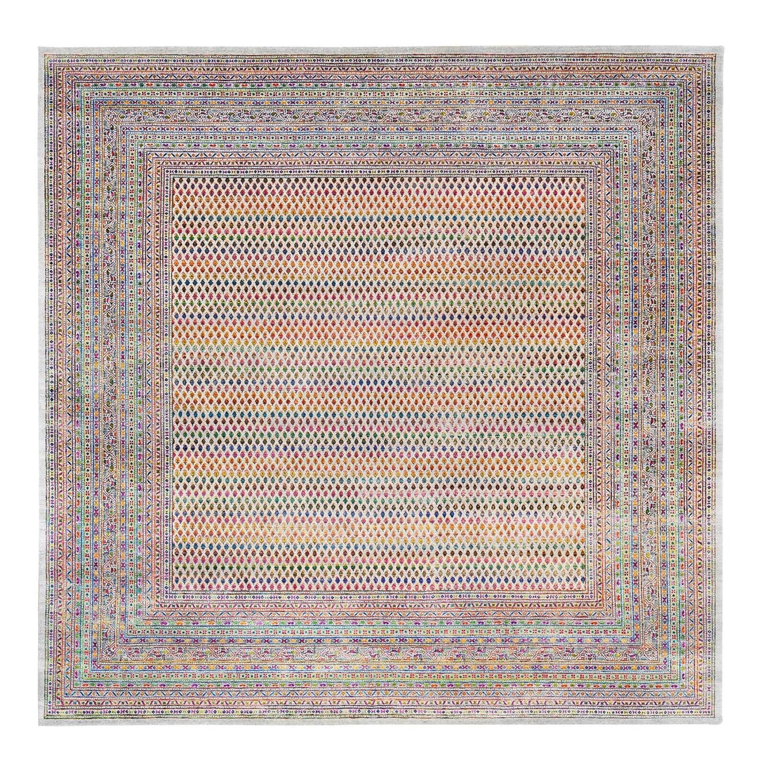 Rug 12'x12' Colorful Sari Silk-Wool Saroogh Inspired Hand Knotted Square: Rug 12'x12' Colorful Sari Silk-Wool Saroogh Inspired Hand Knotted Square This listing features Rug 12'x12' Colorful Sari Silk-Wool Saroogh Inspired Hand Knotted Square. Item specifics are provided bel