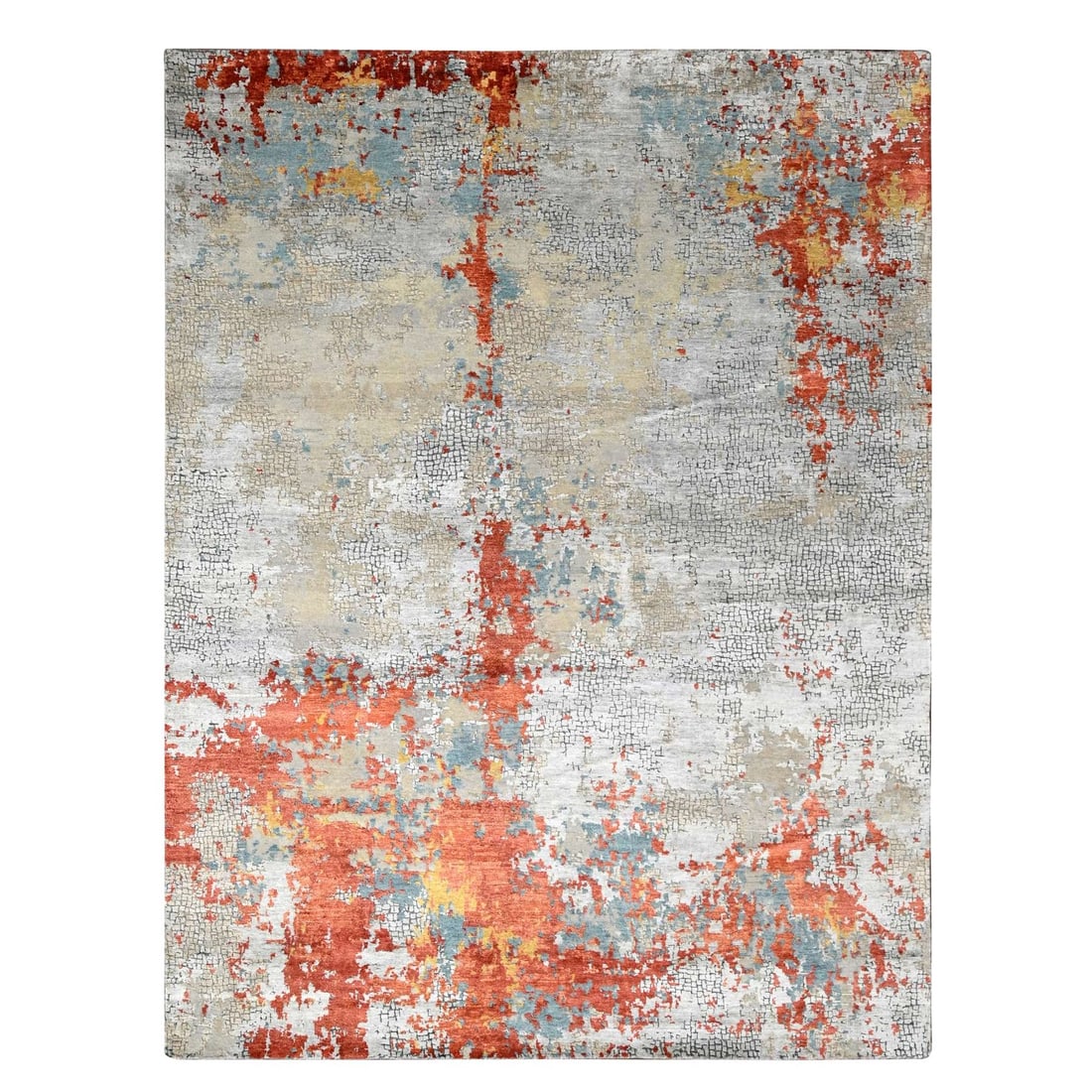 Rug 9'x11'9" Flame Orange Fire Mosaic Design Wool and Silk Hand Knotted (1 of 11)