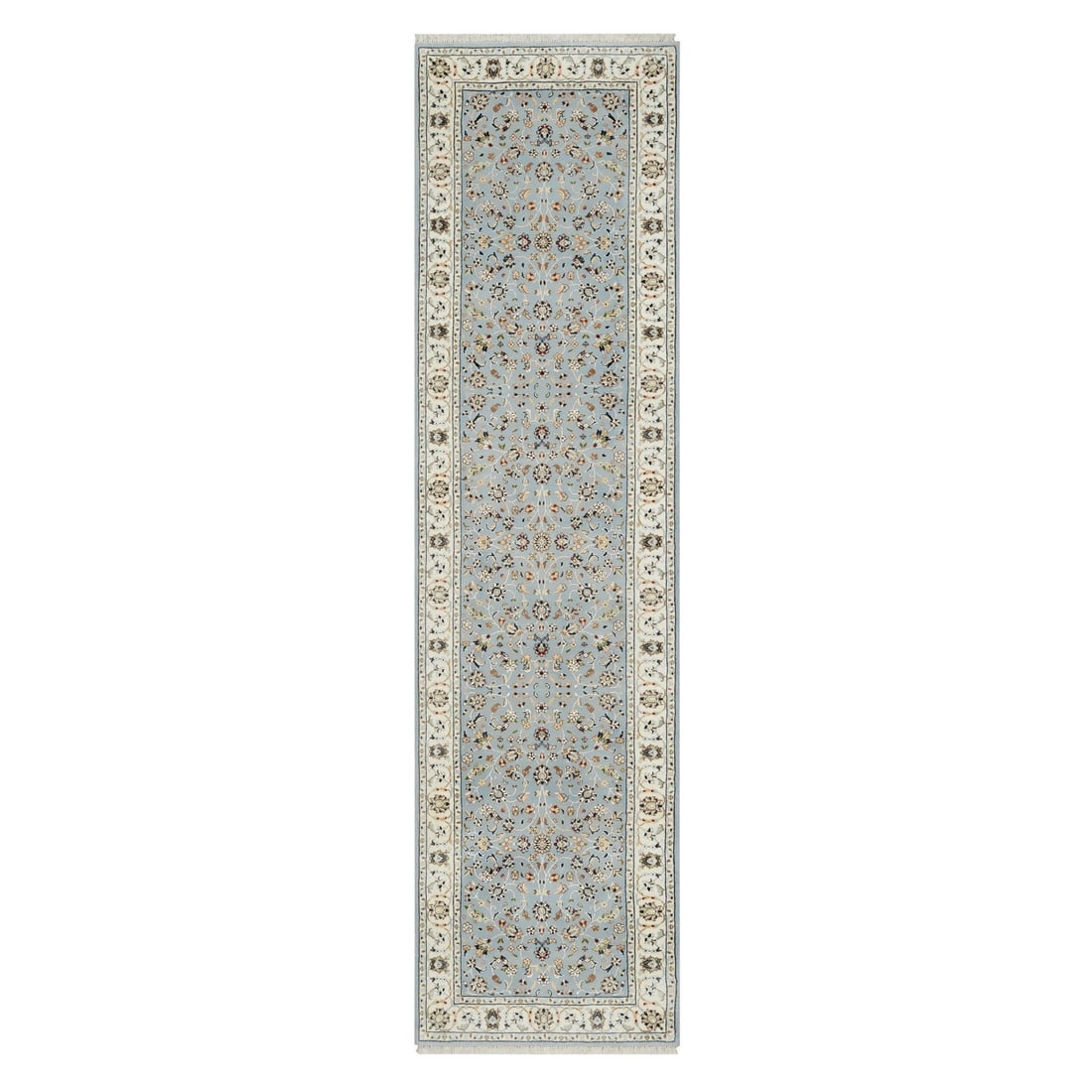 Rug 2'8"x10'3" Light Blue 250 KPSI Nain Wool and Silk Hand Knotted Runner: Rug 2'8"x10'3" Light Blue 250 KPSI Nain Wool and Silk Hand Knotted Runner This listing features Rug 2'8"x10'3" Light Blue 250 KPSI Nain Wool and Silk Hand Knotted Runner. Item specifics are provided b