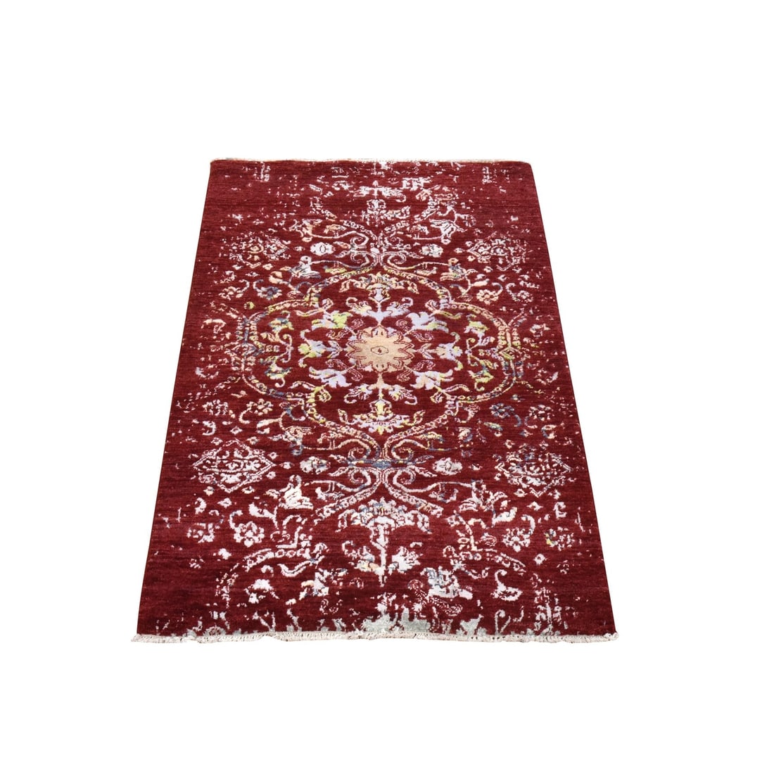 Rug 3'x5'1" Currant Red Floral Design Wool and Silk Hand Knotted Oriental (1 of 6)