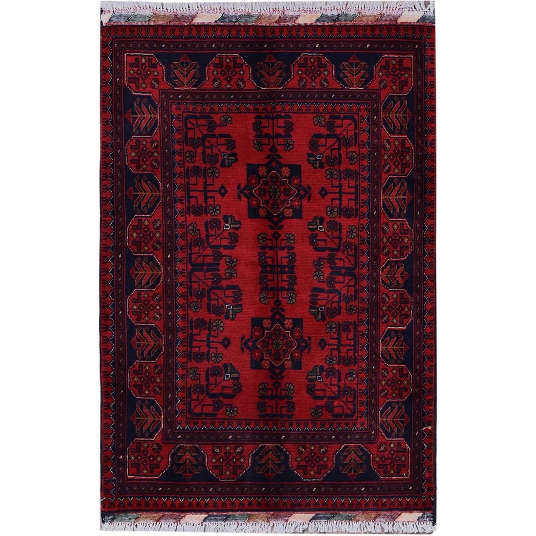 Rug 2'7"x3'9" Red Afghan Khamyab Tribal Motif Soft Wool Hand Knotted Sample (1 of 7)