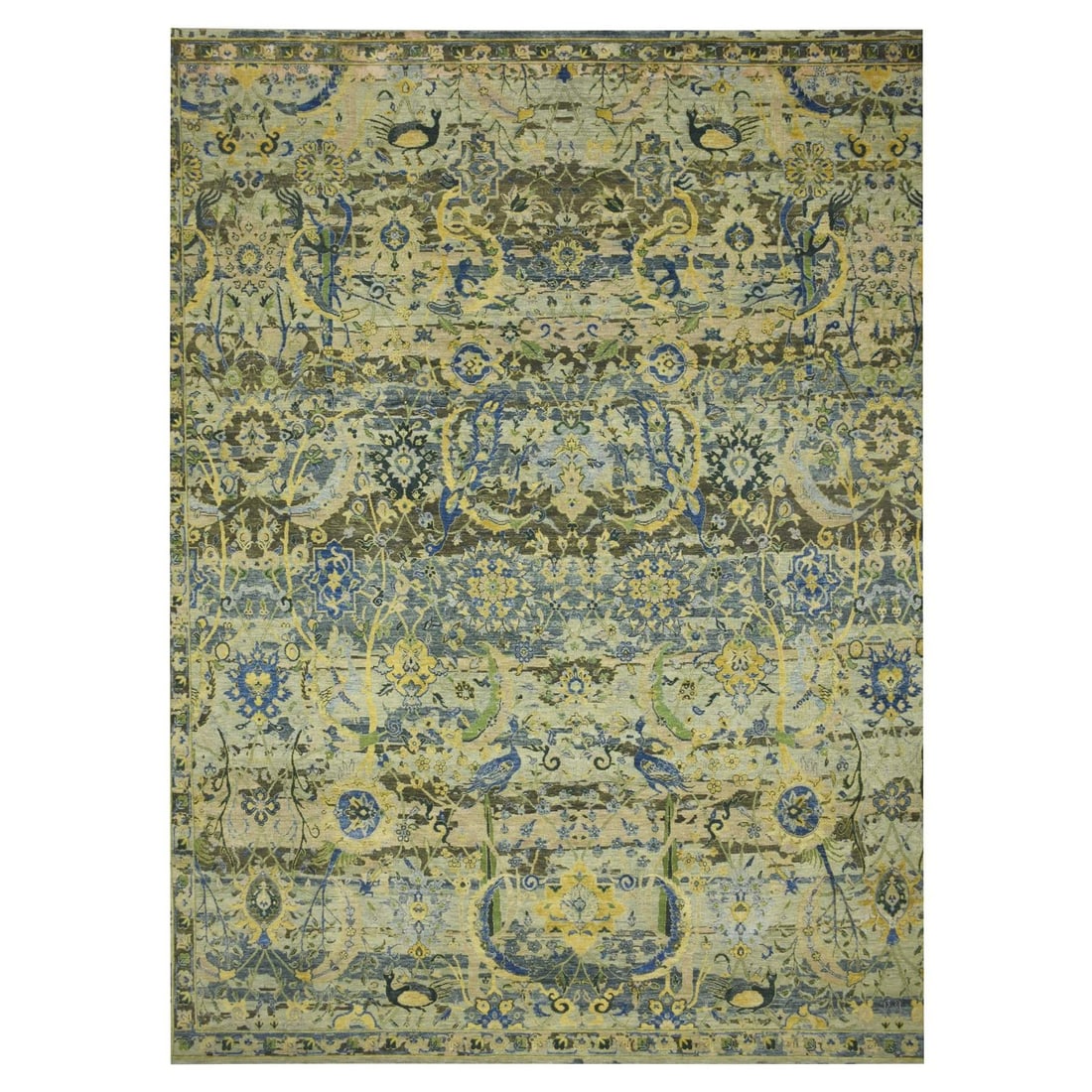Rug 12'x15'1" Green Broken and Erased Birds Design Hand Knotted Wool XL: Rug 12'x15'1" Green Broken and Erased Birds Design Hand Knotted Wool XL This listing features Rug 12'x15'1" Green Broken and Erased Birds Design Hand Knotted Wool XL. Item specifics are provided below