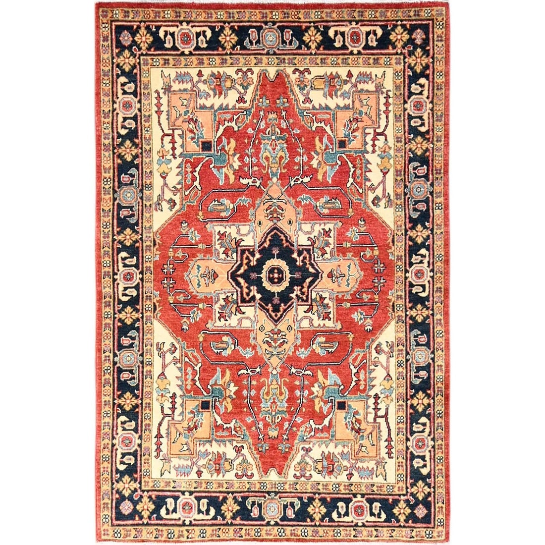 Rug 4'x6' Red Hand Knotted Afghan Peshawar with Seeripe Heris Design Wool (1 of 7)