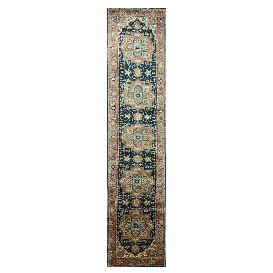 Rug 2'6"x11'5" Navy Heris with Medallions Design Hand Knotted Wool Runner: Rug 2'6"x11'5" Navy Heris with Medallions Design Hand Knotted Wool Runner This listing features Rug 2'6"x11'5" Navy Heris with Medallions Design Hand Knotted Wool Runner. Item specifics are provided b