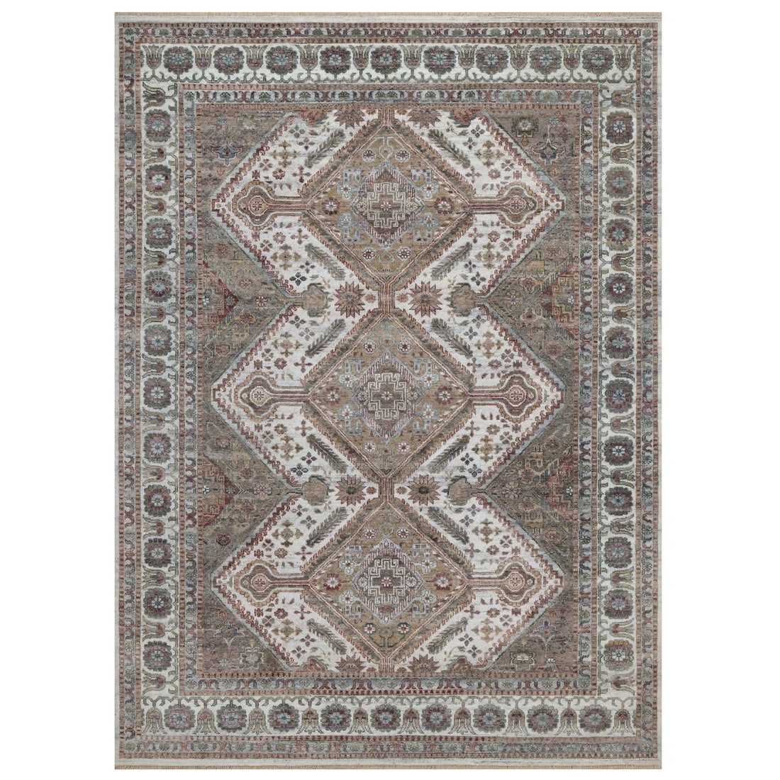 Wool 8'10"x12'1" Ivory Hand Knotted Rug Flower Rosettes Design Natural (1 of 11)