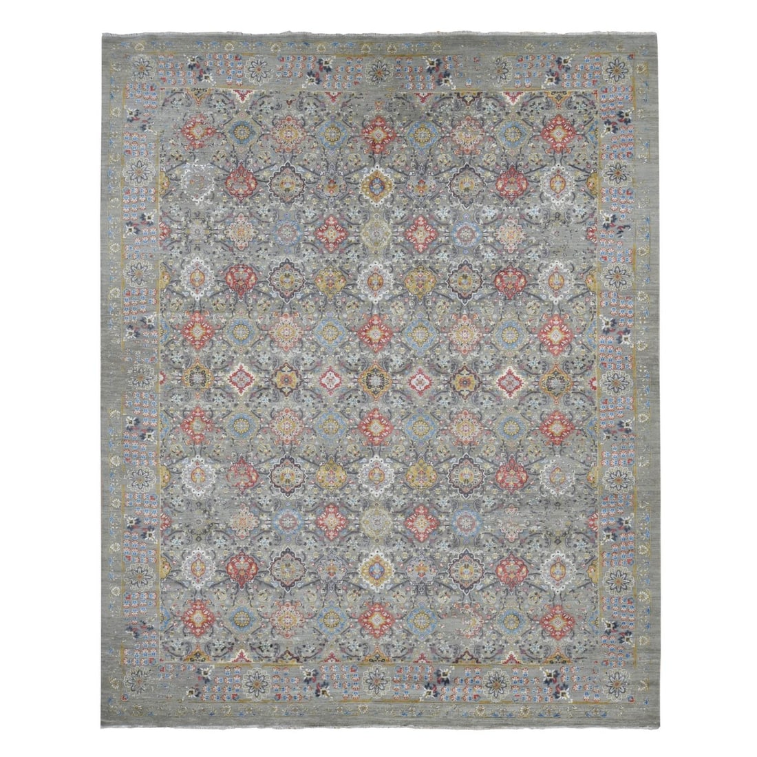 Rug 12'x15'1" Gray THE SUNSET ROSETTES Wool-Silk Hand Knotted Oversized: Rug 12'x15'1" Gray THE SUNSET ROSETTES Wool-Silk Hand Knotted Oversized This listing features Rug 12'x15'1" Gray THE SUNSET ROSETTES Wool-Silk Hand Knotted Oversized. Item specifics are provided