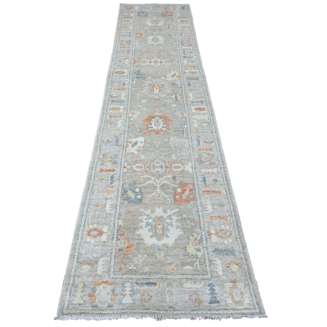 Rug 2'8"x11'8" Gray Angora Oushak Leaf Design Hand Knotted Wool Runner (1 of 6)