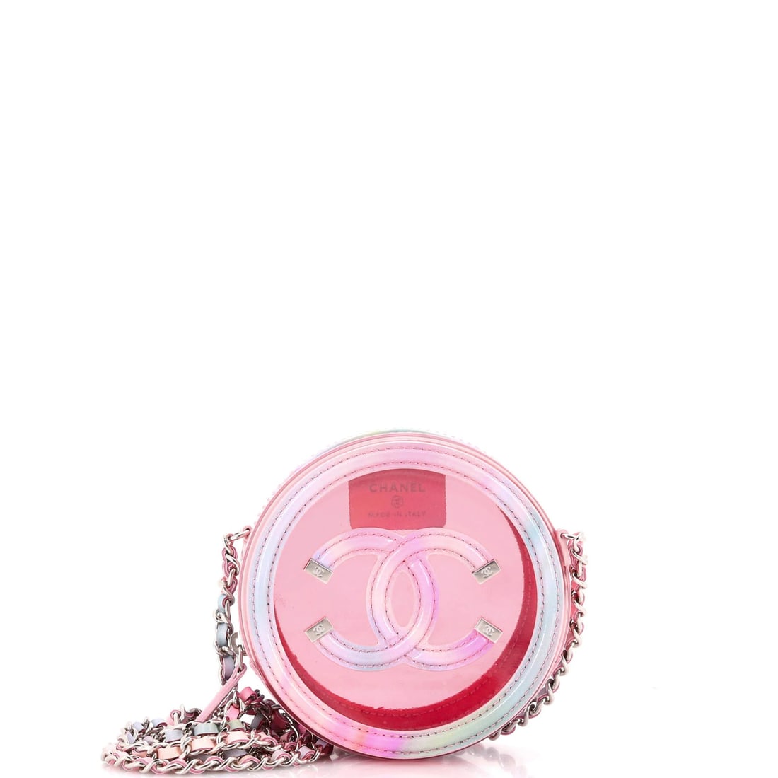 Mini Chanel Filigree Round Clutch with Chain PVC with Lambskin: Mini Chanel Filigree Round Clutch with Chain PVC with Lambskin This listing features Mini Chanel Filigree Round Clutch with Chain PVC with Lambskin. Item specifics are provided below. Item Specifics: