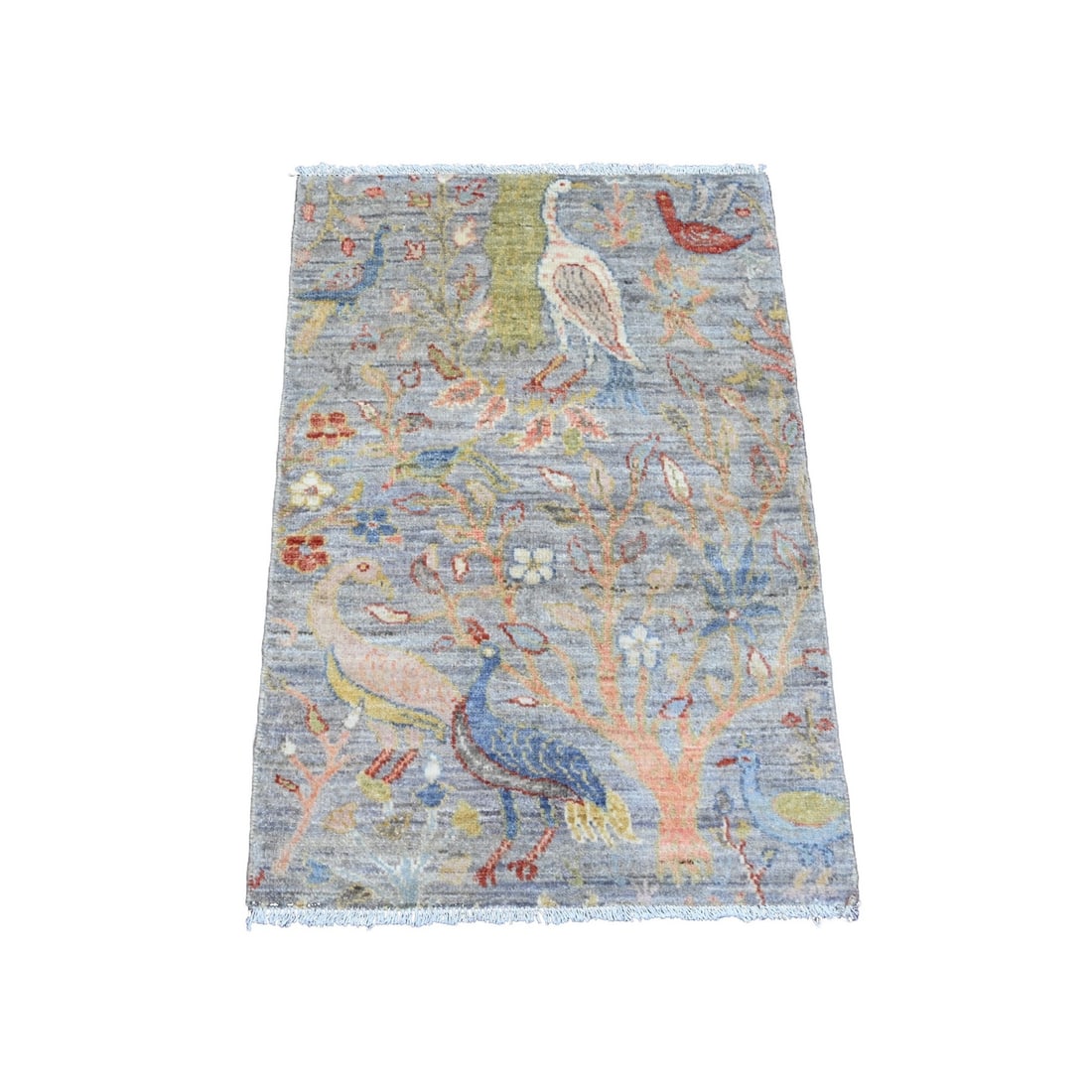 Rug 2'1"x3'1" Gray 100% Wool Birds of Paradise Design Hand Knotted Mat (1 of 6)