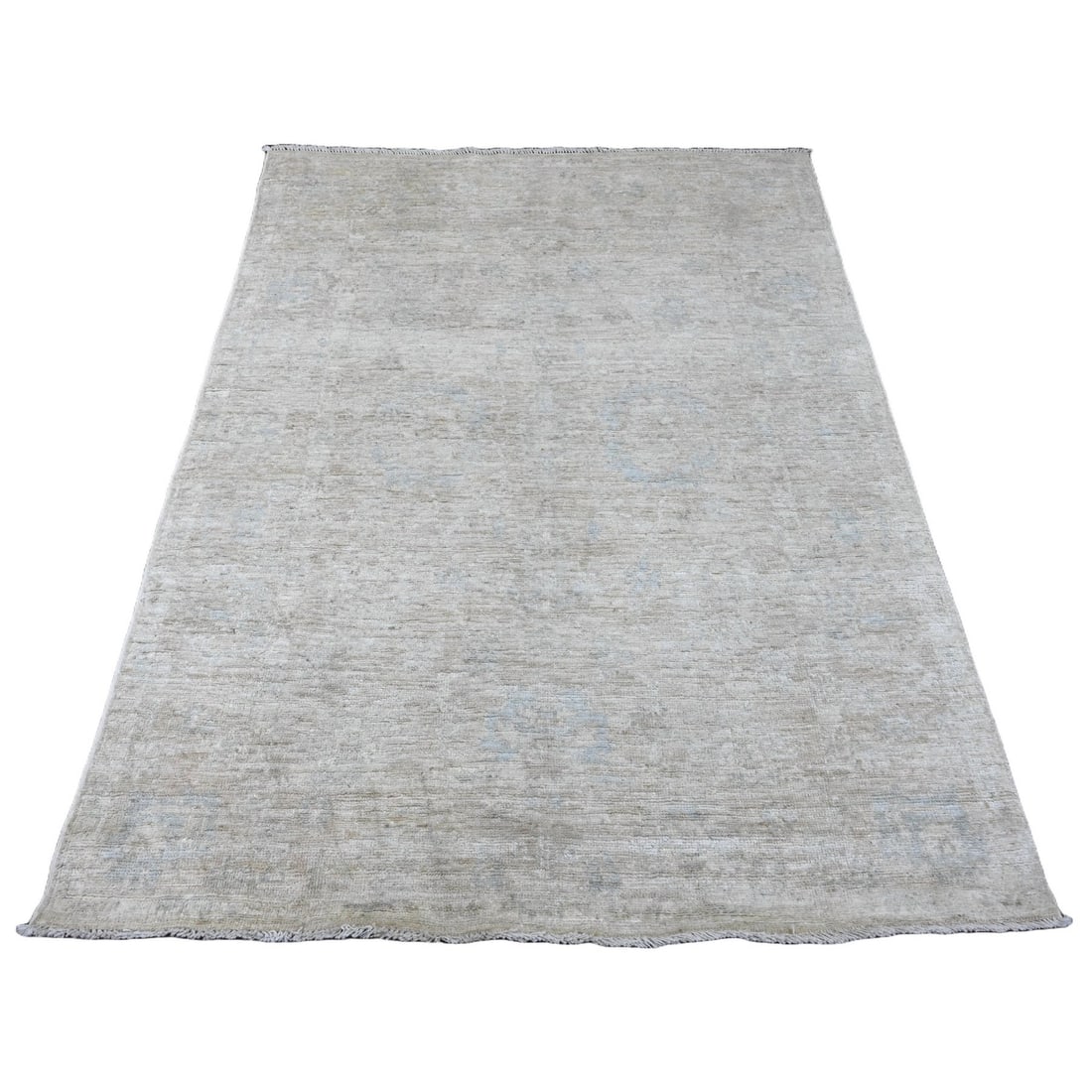 Rug 4'8"x6'3" White Hand Knotted Afghan Angora Oushak Leaf Design Wool (1 of 6)
