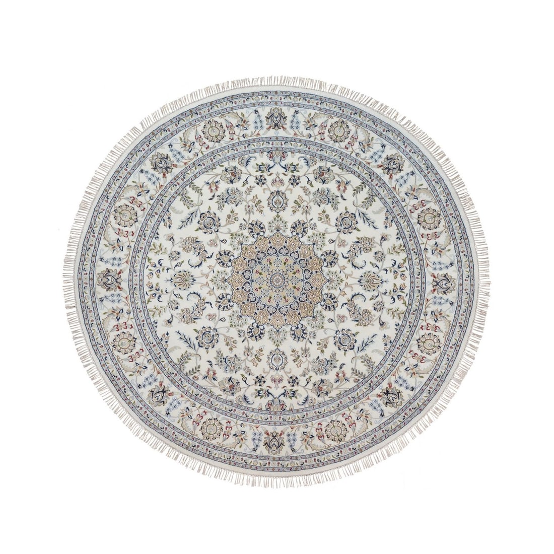 Rug 8'x8' Ivory Nain with Flower Design Hand Knotted Wool and Silk Round: Rug 8'x8' Ivory Nain with Flower Design Hand Knotted Wool and Silk Round This listing features Rug 8'x8' Ivory Nain with Flower Design Hand Knotted Wool and Silk Round. Item specifics are provided
