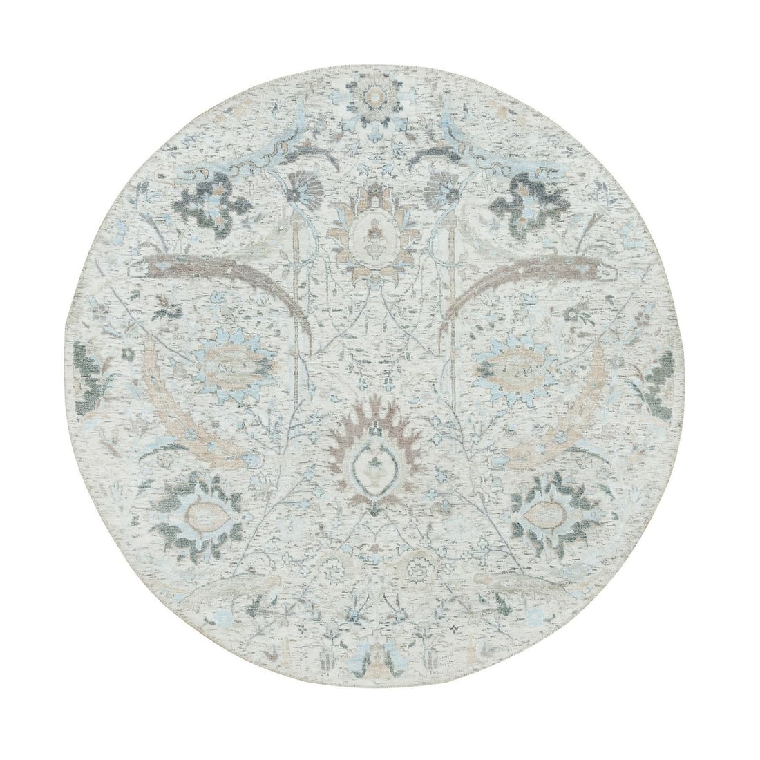 Rug 5'x5' Ivory Hand Knotted Sickle Leaf Design Silk with Wool Round: Rug 5'x5' Ivory Hand Knotted Sickle Leaf Design Silk with Wool Round This listing features Rug 5'x5' Ivory Hand Knotted Sickle Leaf Design Silk with Wool Round. Item specifics are provided below. 