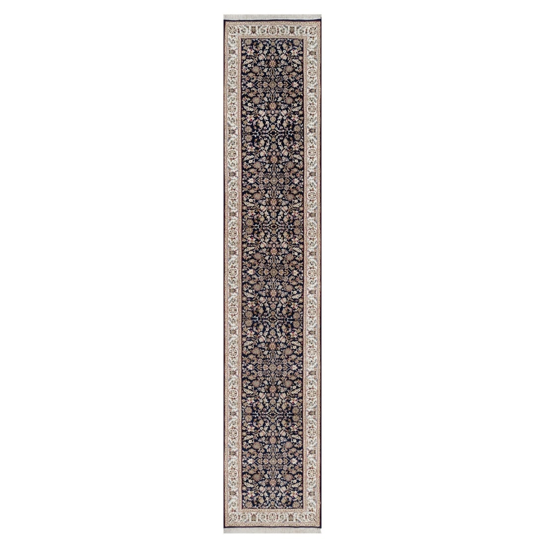 Rug 2'6"x13'3" Blue Nain Flower Design Wool and Silk Hand Knotted Runner: Rug 2'6"x13'3" Blue Nain Flower Design Wool and Silk Hand Knotted Runner This listing features Rug 2'6"x13'3" Blue Nain Flower Design Wool and Silk Hand Knotted Runner. Item specifics are provided