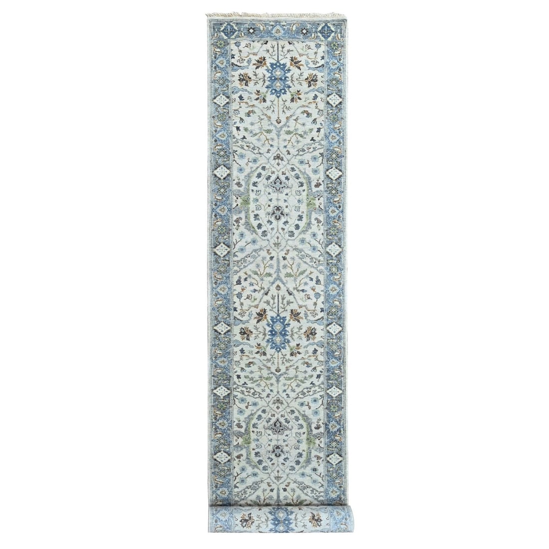 Wool Hand Knotted Rug Oushak Runner 2'7"x13'9" Oyster Gray Floral Motifs (1 of 8)