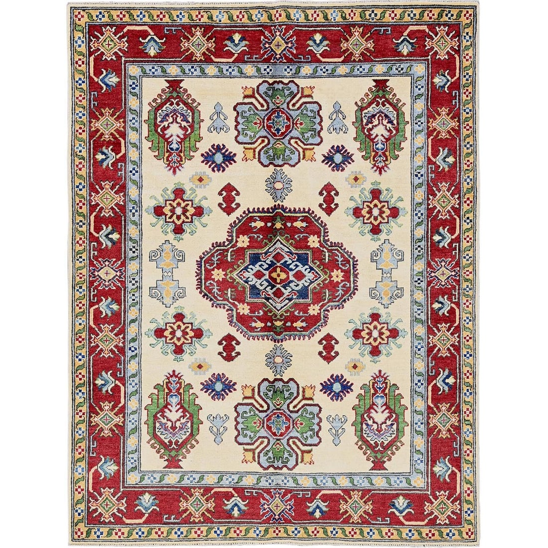 Rug 5'x6'6" Chiffon White Kazak with Geometric Design Hand Knotted Wool: Rug 5'x6'6" Chiffon White Kazak with Geometric Design Hand Knotted Wool This listing features Rug 5'x6'6" Chiffon White Kazak with Geometric Design Hand Knotted Wool. Item specifics are provided below