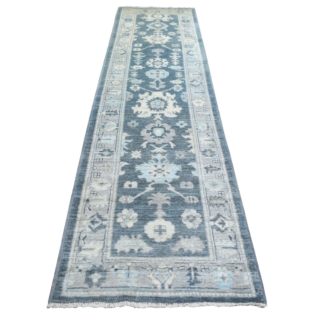 Rug 3'x11'7" Gray Angora Oushak Leaf Design Hand Knotted Wool Runner (1 of 6)