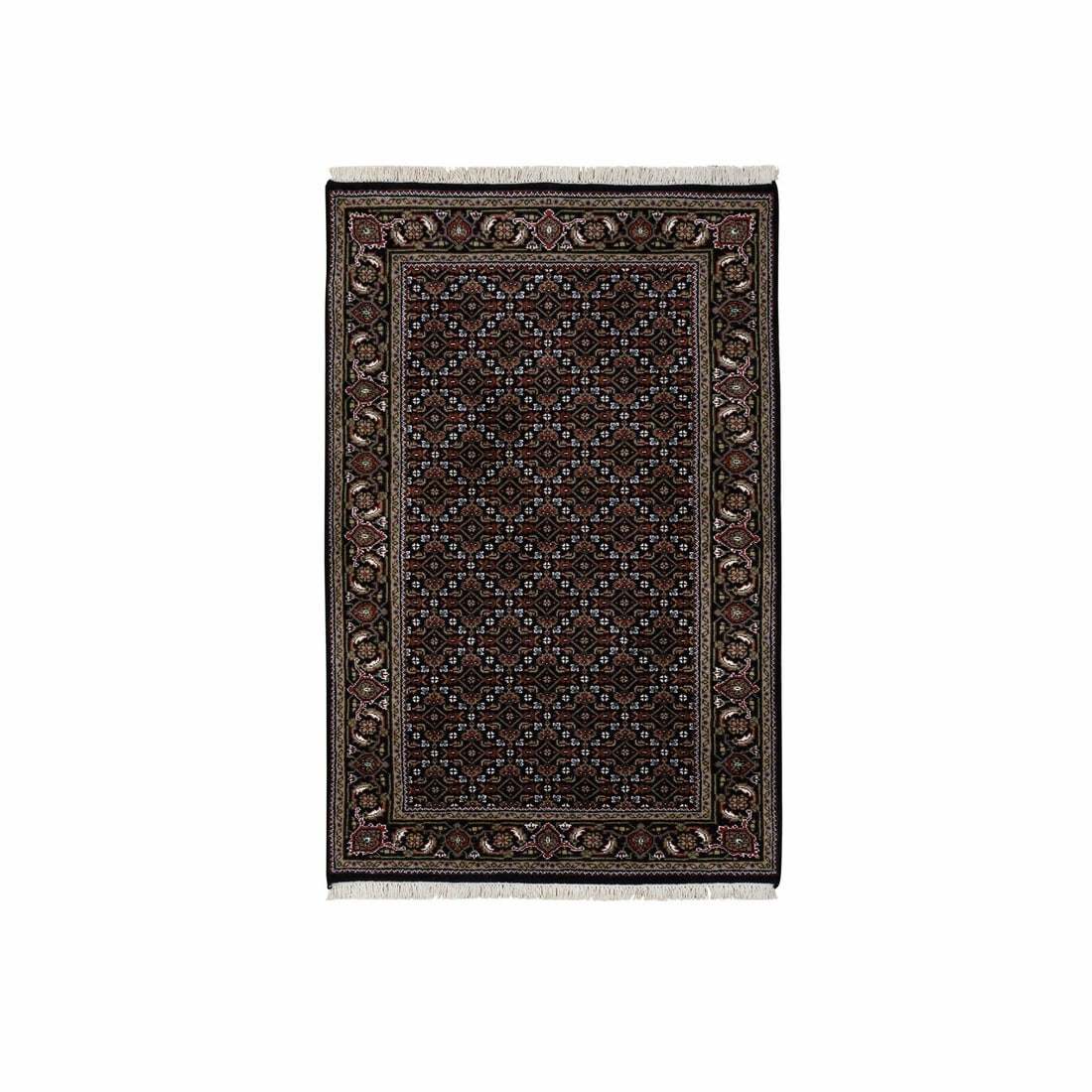 Rug 3'x5'2" Black Hand Knotted Wool and Silk Herrita 175 KPSI: Rug 3'x5'2" Black Hand Knotted Wool and Silk Herrita 175 KPSI This listing features Rug 3'x5'2" Black Hand Knotted Wool and Silk Herrita 175 KPSI. Item specifics are provided below. Item Specifics:
