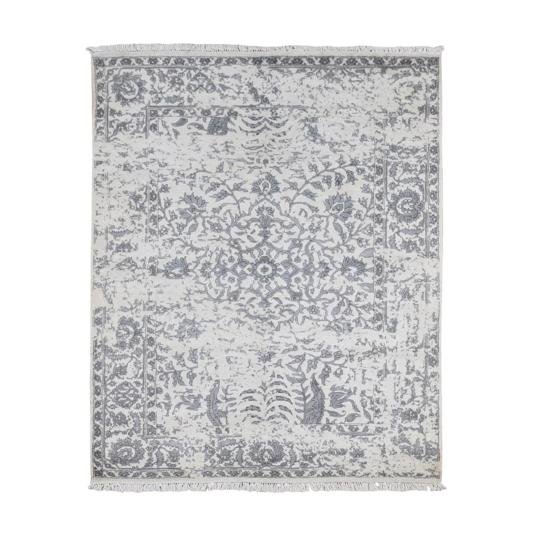 Rug 5'2"x7' Ivory Erased Zoroastrian Design Plant Base Silk Hand Knotted: Rug 5'2"x7' Ivory Erased Zoroastrian Design Plant Base Silk Hand Knotted This listing features Rug 5'2"x7' Ivory Erased Zoroastrian Design Plant Base Silk Hand Knotted. Item specifics are provided