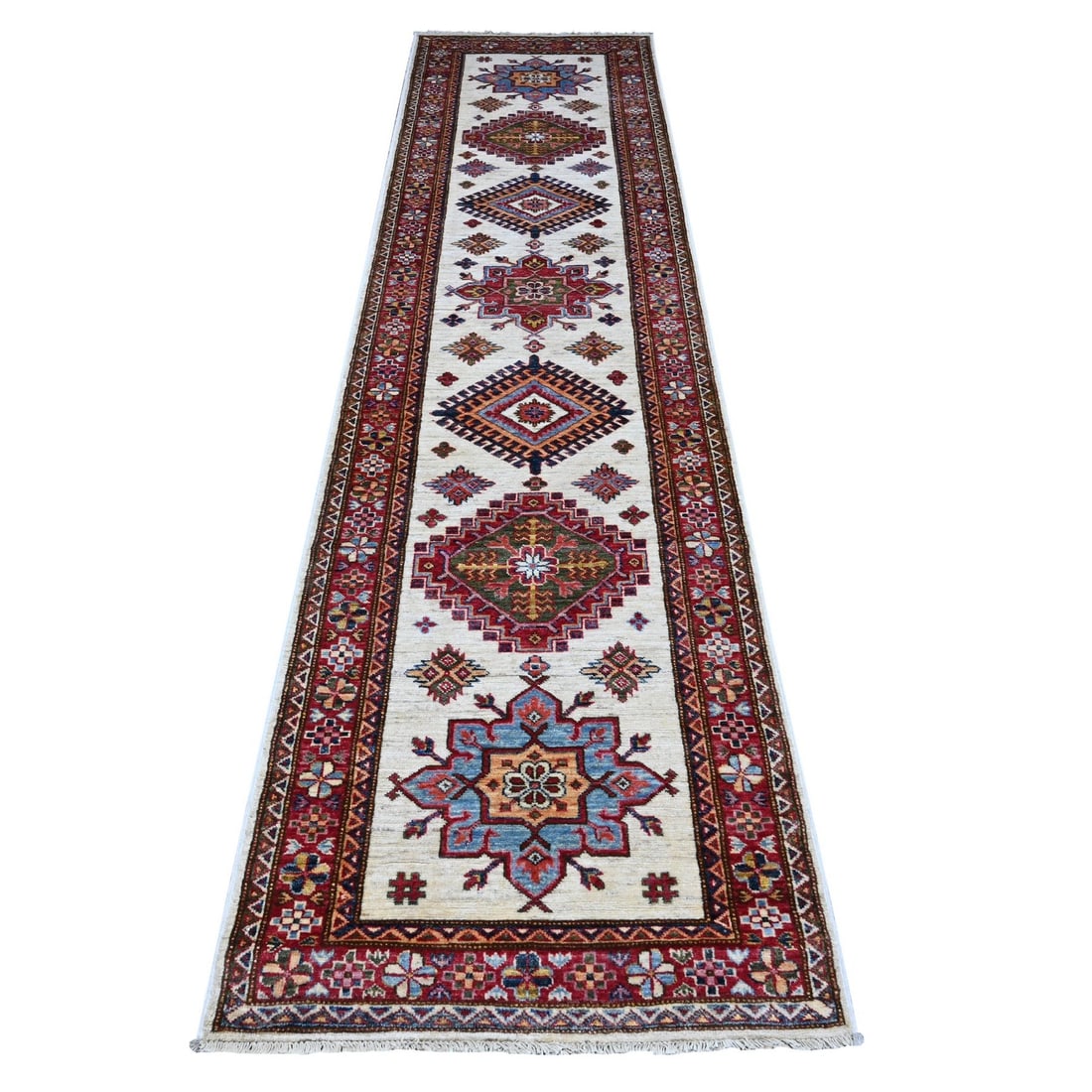 Rug 2'7"x10'7" Egg White Hand Knotted Super Kazak Large Motifs Runner (1 of 6)
