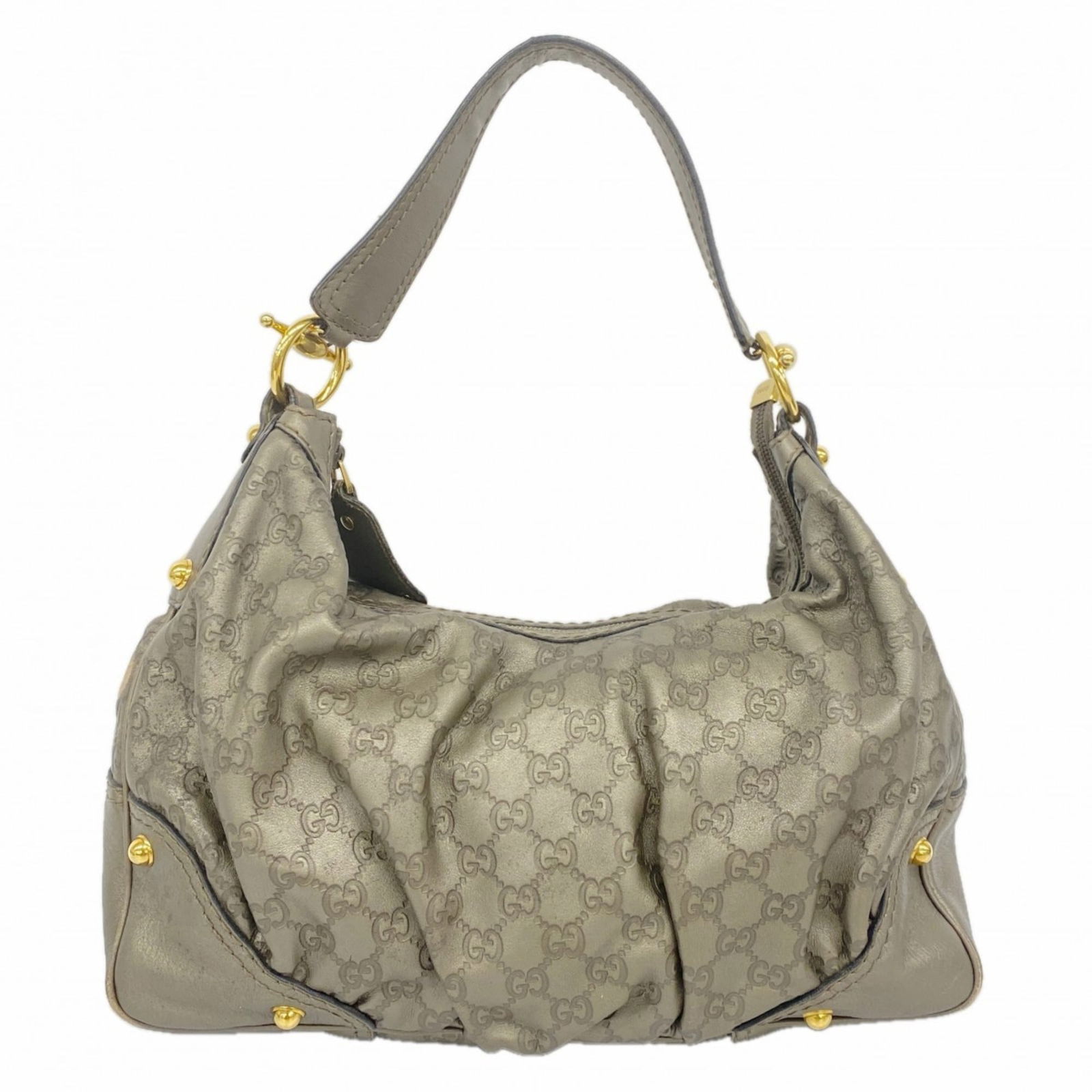 Leather Gucci Shoulder Bag: Leather Gucci Shoulder Bag This listing features Leather Gucci Shoulder Bag. Item specifics are provided below. Item Specifics: Brand: Gucci Type: Shoulder Bag Material: Leather Color: Gray Hardware C