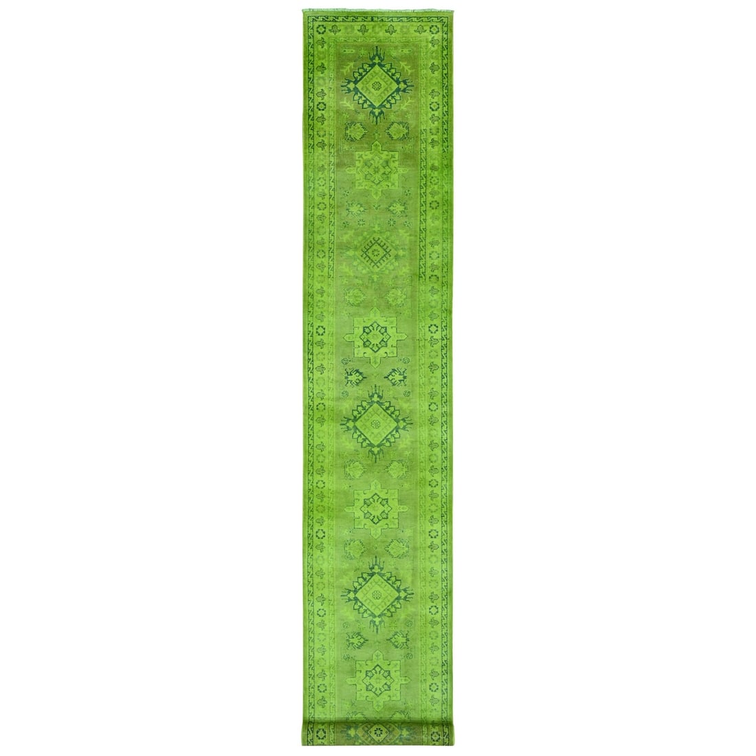 Rug 2'8"x18'10" Green Overdyed Kazak Geometric Hand Knotted Wool Runner: Rug 2'8"x18'10" Green Overdyed Kazak Geometric Hand Knotted Wool Runner This listing features Rug 2'8"x18'10" Green Overdyed Kazak Geometric Hand Knotted Wool Runner. Item specifics are provided