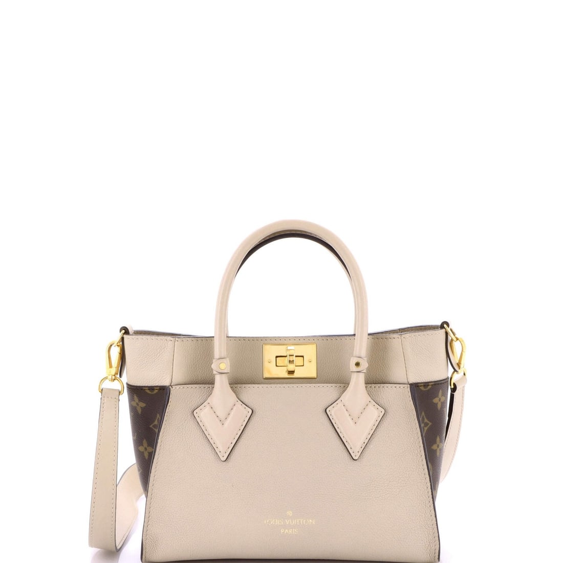 PM Louis Vuitton On My Side Tote Leather with Monogram Canvas: PM Louis Vuitton On My Side Tote Leather with Monogram Canvas This listing features PM Louis Vuitton On My Side Tote Leather with Monogram Canvas. Item specifics are provided below. Item Specifics: