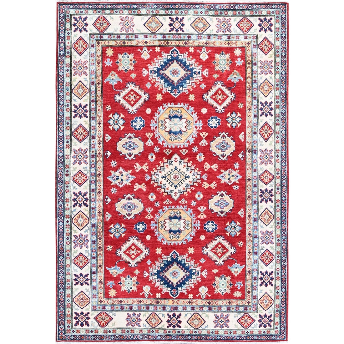 Rug 5'10"x8'8" Red Kazak with Geometric Medallions Design Wool Hand Knotted: Rug 5'10"x8'8" Red Kazak with Geometric Medallions Design Wool Hand Knotted This listing features Rug 5'10"x8'8" Red Kazak with Geometric Medallions Design Wool Hand Knotted. Item specifics are provid