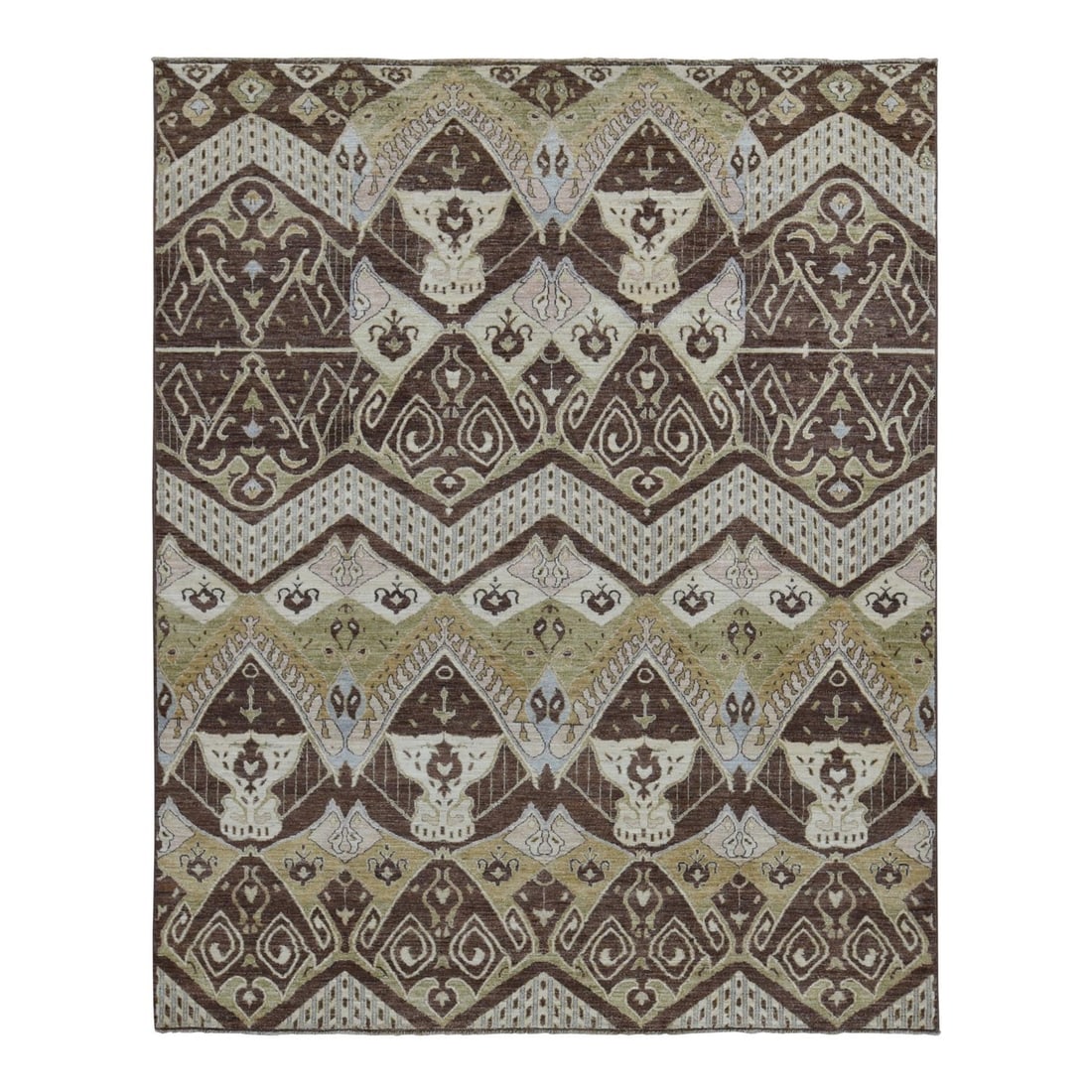 Rug 8'1"x10' Brown Ikat Tribal and Geometric Design Wool Hand Knotted: Rug 8'1"x10' Brown Ikat Tribal and Geometric Design Wool Hand Knotted This listing features Rug 8'1"x10' Brown Ikat Tribal and Geometric Design Wool Hand Knotted. Item specifics are provided below. It