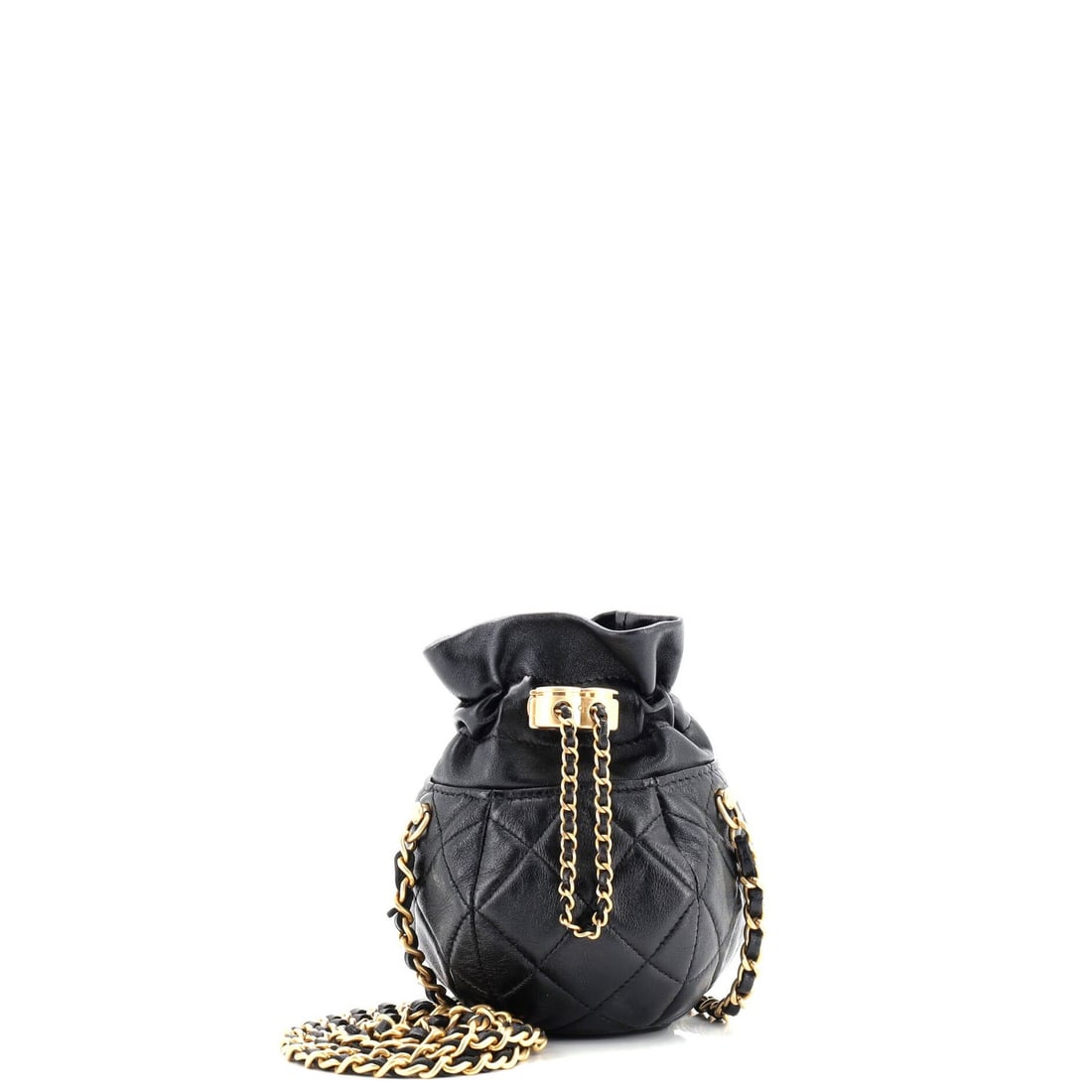 Mini Chanel Drawstring CC Round Bucket Clutch with Chain Quilted Lambskin: Mini Chanel Drawstring CC Round Bucket Clutch with Chain Quilted Lambskin This listing features Mini Chanel Drawstring CC Round Bucket Clutch with Chain Quilted Lambskin. Item specifics are provided