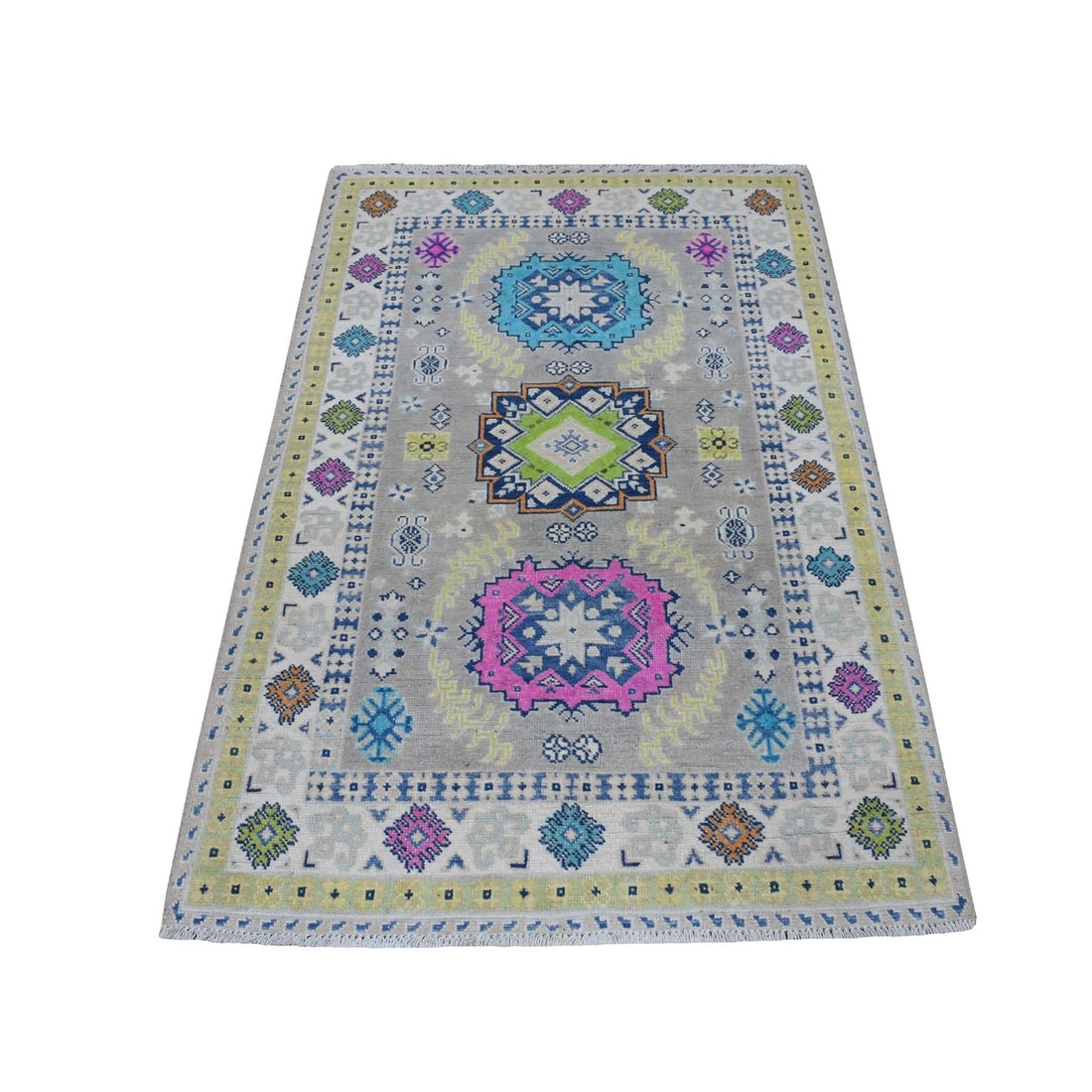 Rug 3'3"x5' Colorful Gray Fusion Kazak Pure Wool Hand Knotted Oriental: Rug 3'3"x5' Colorful Gray Fusion Kazak Pure Wool Hand Knotted Oriental This listing features Rug 3'3"x5' Colorful Gray Fusion Kazak Pure Wool Hand Knotted Oriental. Item specifics are provided below.
