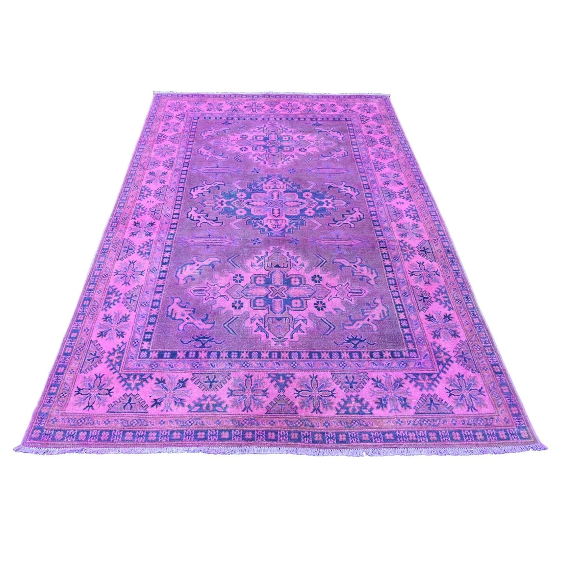 Hand Knotted Wool Rug - 5'7"x7'9" Pink Overdyed Kazak Medallion Design: Hand Knotted Wool Rug - 5'7"x7'9" Pink Overdyed Kazak Medallion Design This listing features Hand Knotted Wool Rug - 5'7"x7'9" Pink Overdyed Kazak Medallion Design. Item specifics are provided below.