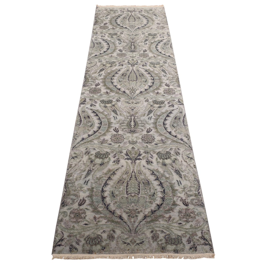 Rug 3'x11'10" Mist Gray Flower Design Silk with Wool Hand Knotted Runner: Rug 3'x11'10" Mist Gray Flower Design Silk with Wool Hand Knotted Runner This listing features Rug 3'x11'10" Mist Gray Flower Design Silk with Wool Hand Knotted Runner. Item specifics are provided