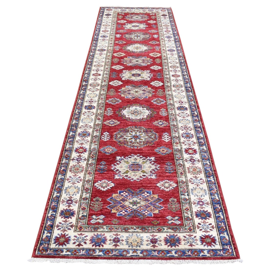 Rug 3'1"x11' Rich Red Hand Knotted Kazak Geometric Medallions Wool Runner: Rug 3'1"x11' Rich Red Hand Knotted Kazak Geometric Medallions Wool Runner This listing features Rug 3'1"x11' Rich Red Hand Knotted Kazak Geometric Medallions Wool Runner. Item specifics are provided b