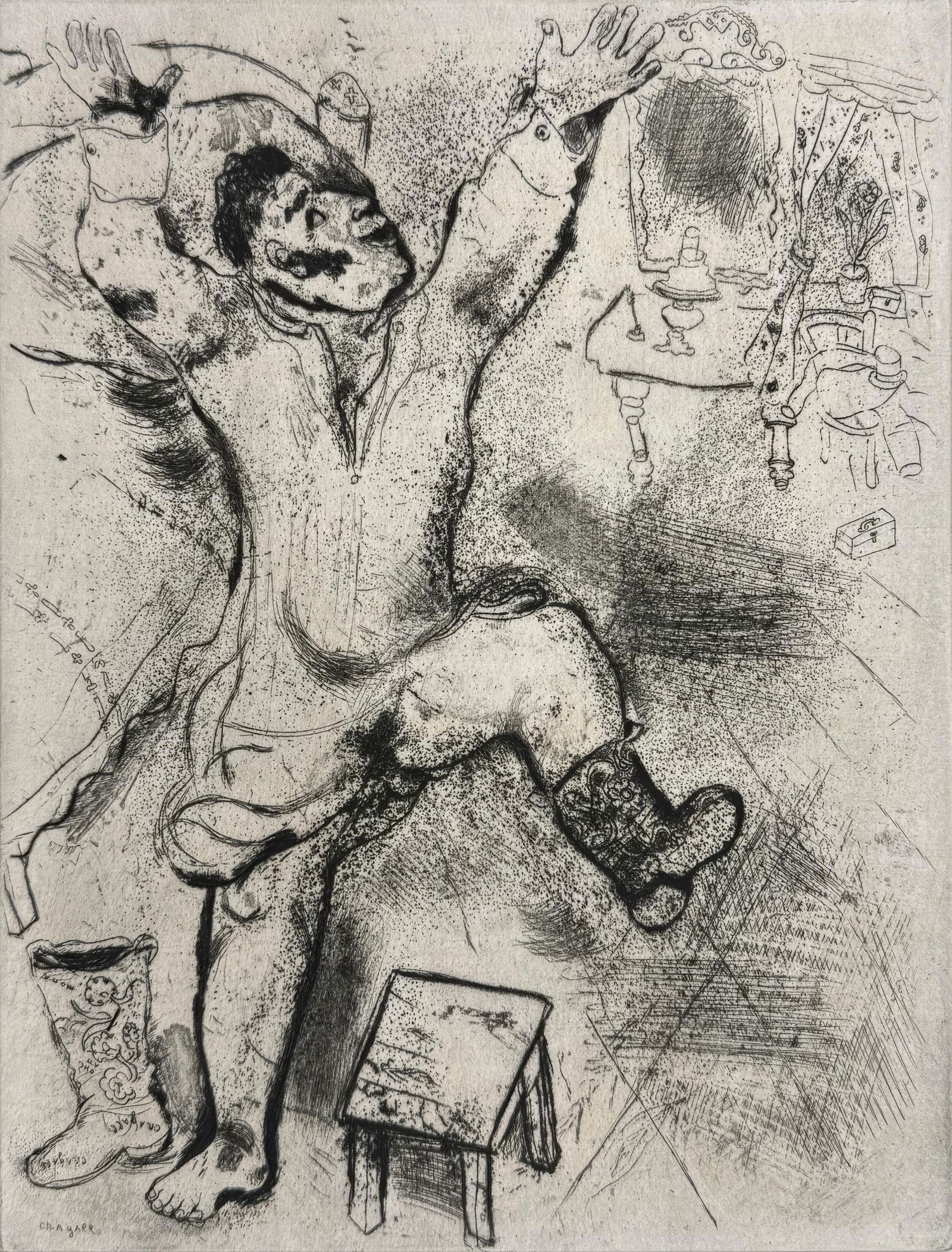 19231927 - Marc Chagall - Tchitchikov Triumphs in His Shirt - from Dead Souls - Etching (1 of 7)