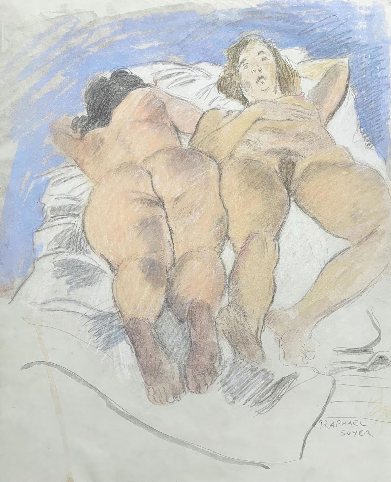 Circa 1987 - Raphael Soyer - Two Reclining Nudes - Original Pastel Oil Crayon - Graphite - and: Circa 1987 - Raphael Soyer - Two Reclining Nudes - Original Pastel Oil Crayon - Graphite - and Watercolor Drawing This listing features Circa 1987 - Raphael Soyer - Two Reclining Nudes - Original
