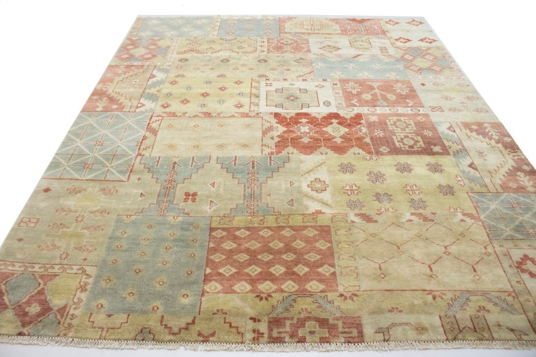 Carpet 8X10 Handmade Wool Rug Multicolored Geometric Patchwork Modern - 13