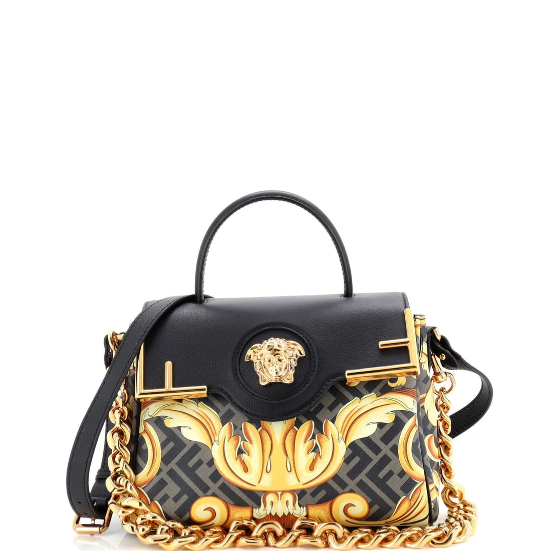 Leather Versace x Fendi Fendace La Medusa Top Handle Bag Printed Laminated: Leather Versace x Fendi Fendace La Medusa Top Handle Bag Printed Laminated This listing features Leather Versace x Fendi Fendace La Medusa Top Handle Bag Printed Laminated. Item specifics are provided
