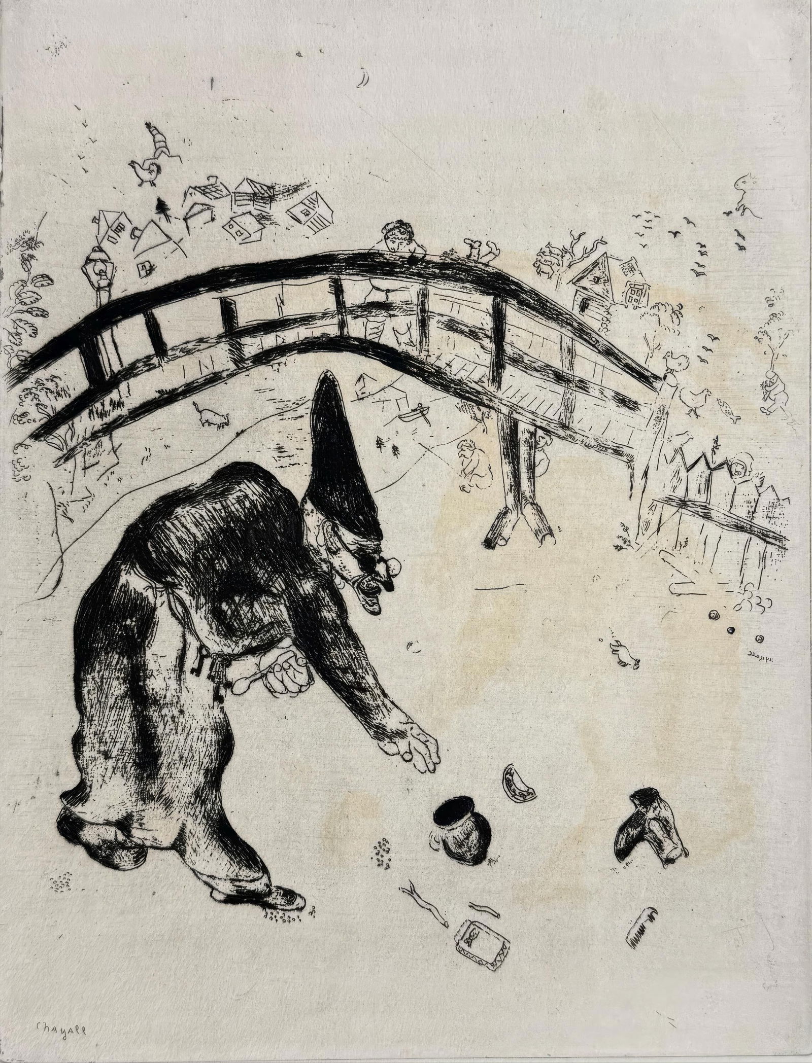 19231927 - Marc Chagall - Pliouchkine Gathering Beneath the Bridge - from Dead Souls - Etching: 19231927 - Marc Chagall - Pliouchkine Gathering Beneath the Bridge - from Dead Souls - Etching This listing features 19231927 - Marc Chagall - Pliouchkine Gathering Beneath the Bridge - from Dead