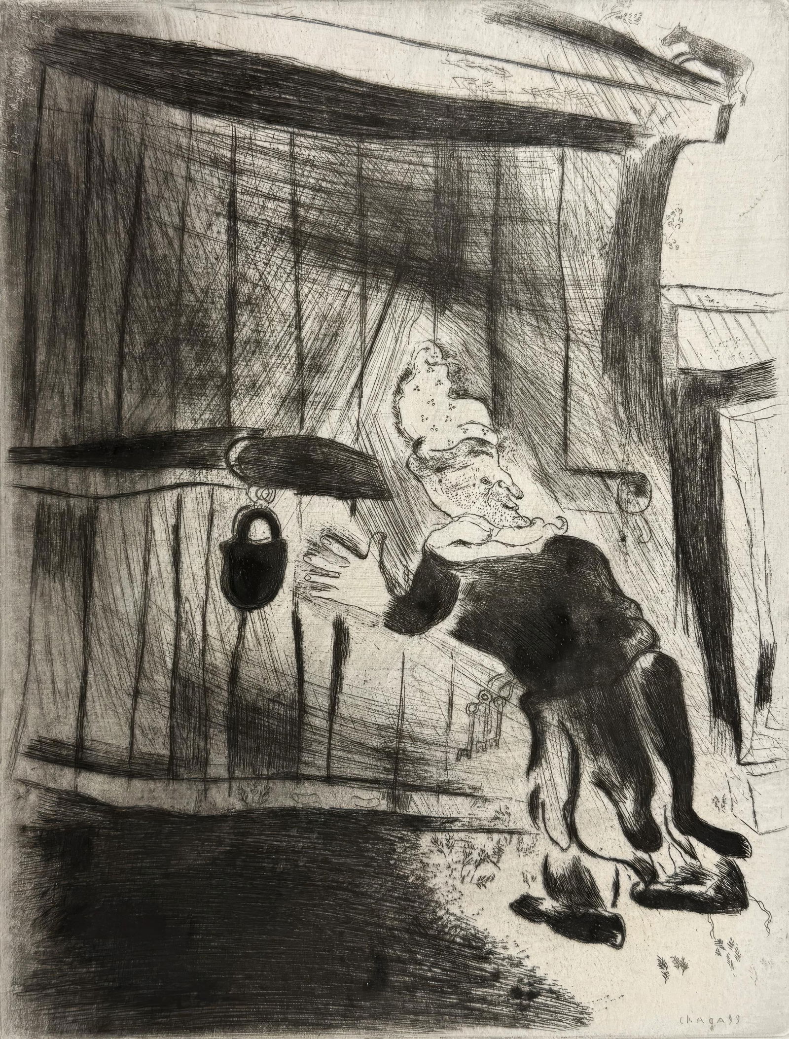 19231927 - Marc Chagall - Pliouchkine at the Door - from Dead Souls - Etching (1 of 7)