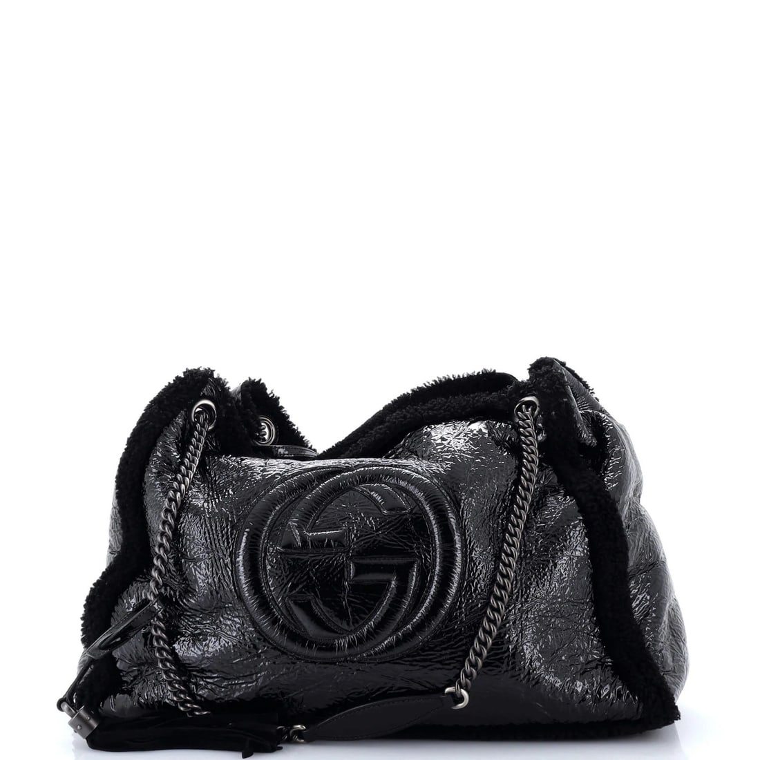 Large Gucci Soho Chain Strap Shoulder Bag Patent and Shearling: Large Gucci Soho Chain Strap Shoulder Bag Patent and Shearling This listing features Large Gucci Soho Chain Strap Shoulder Bag Patent and Shearling. Item specifics are provided below. Item