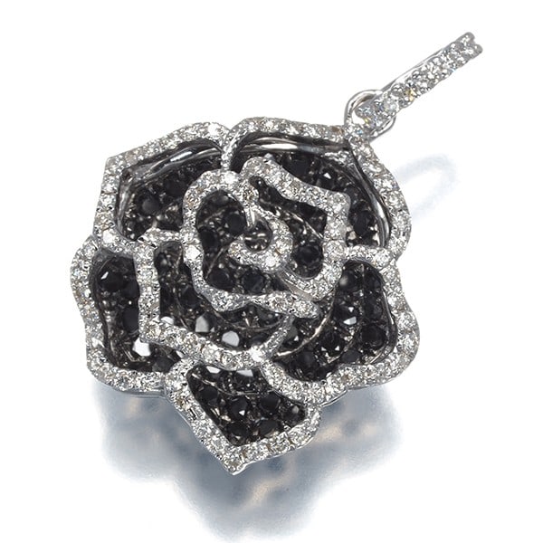 Gold Black&Clear Diamond 1.25Ct Openwork Rose Pendant 18K 750 White (1 of 4)