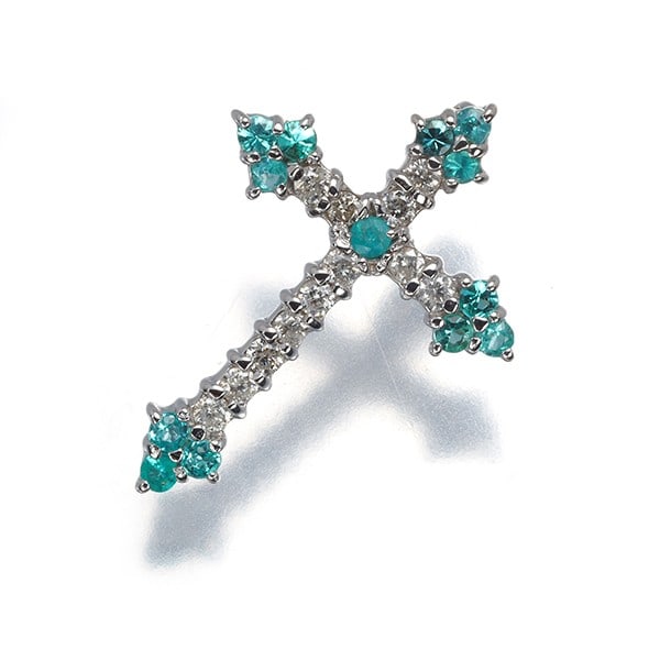 Gold Paraiba Tourmaline 0.14Ct Diamond 0.12Ct Cross Pendant 18K 750 White (1 of 5)