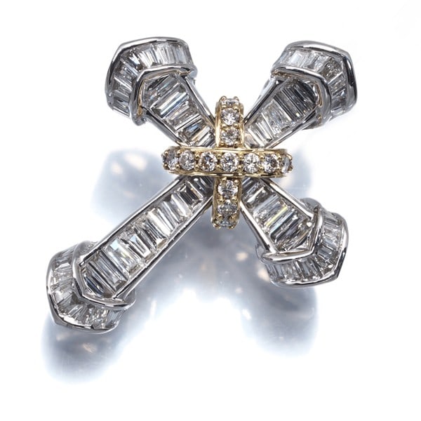 Gold Diamond 0.94Ct Cross Tapered-Cut Bicolor Pendant 18K 750 White Yellow (1 of 4)