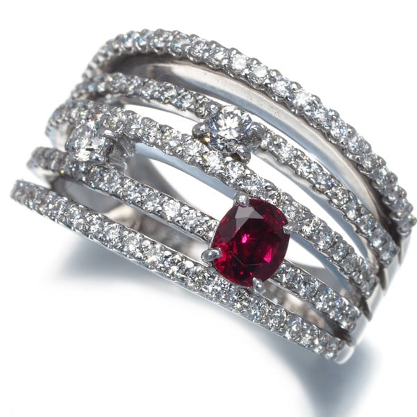 Gold Ruby 0.526Ct Diamond 1.05Ct 5-Row Ring 18K 750 White (1 of 7)