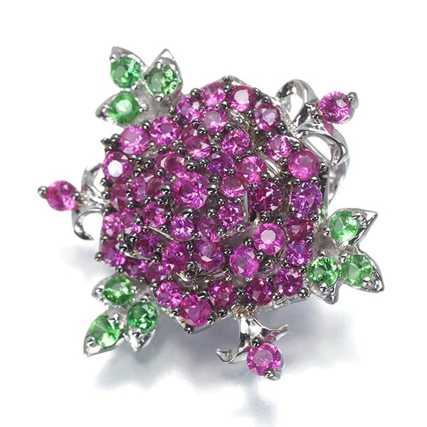 Gold Ruby 0.78Ct Green Garnet 0.10Ct Rose Pendant 18K 750 White (1 of 4)